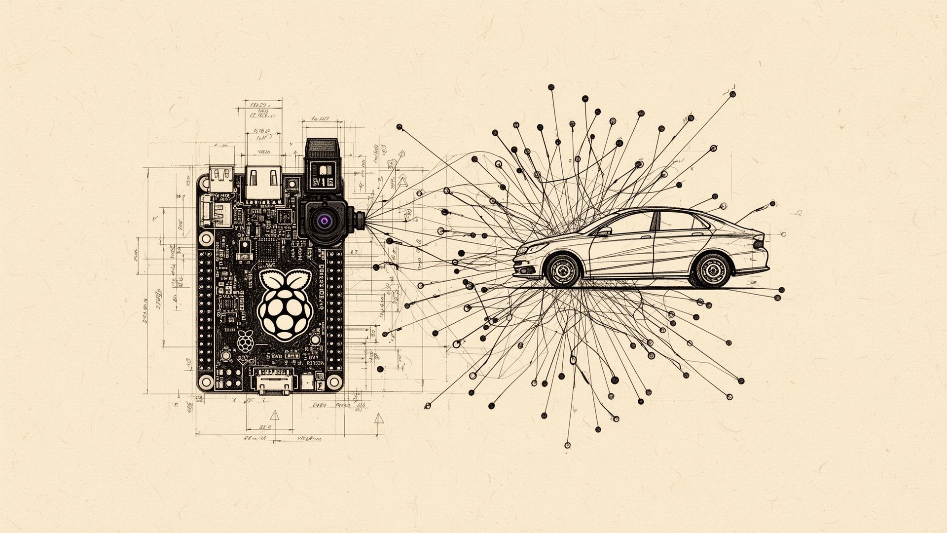 Illustrated Raspberry Pi with a camera module classifying a car silhouette through a neural network