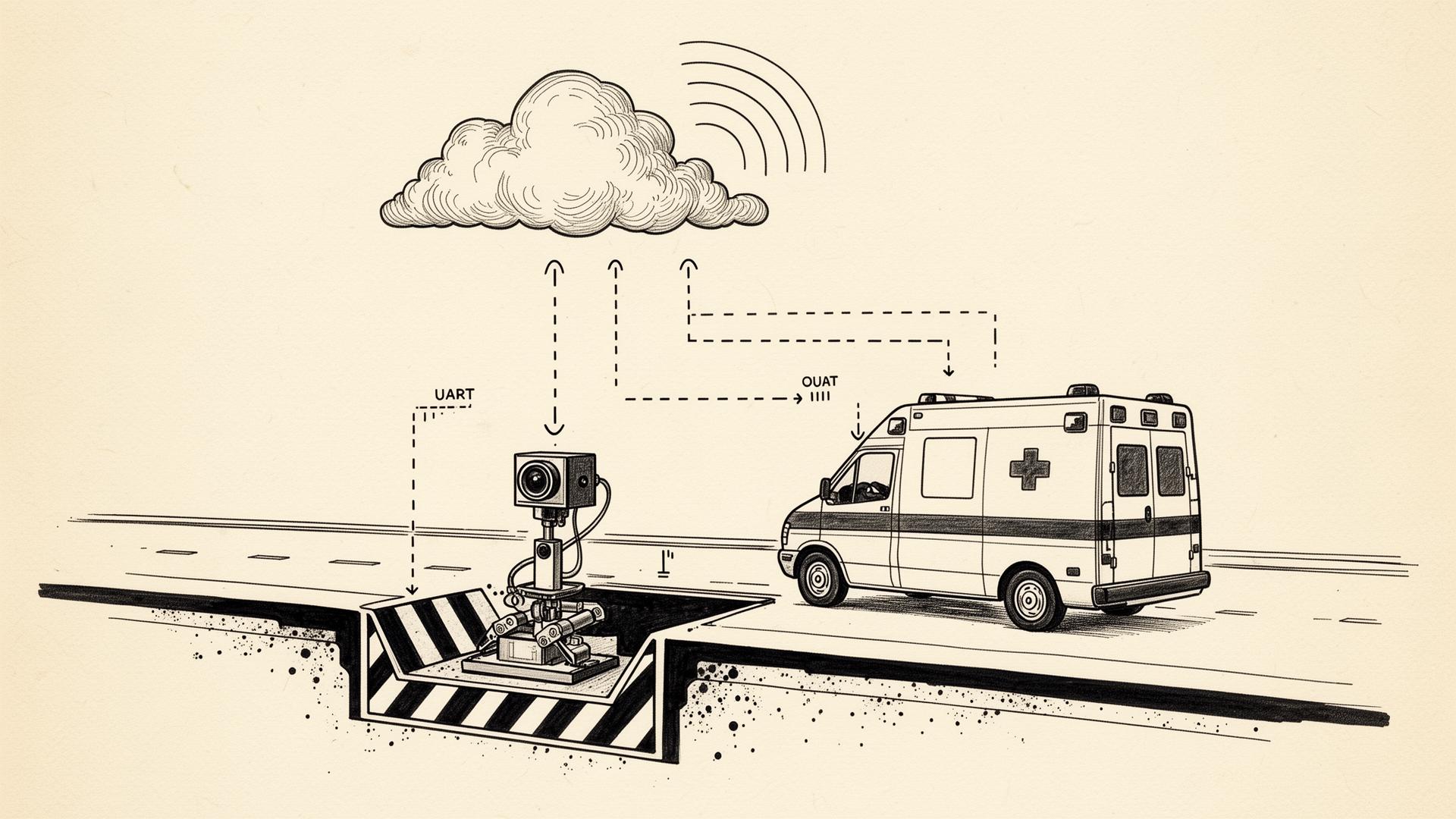 Cross-section of a smart speed breaker with embedded camera and servo, ambulance approaching, MQTT cloud above
