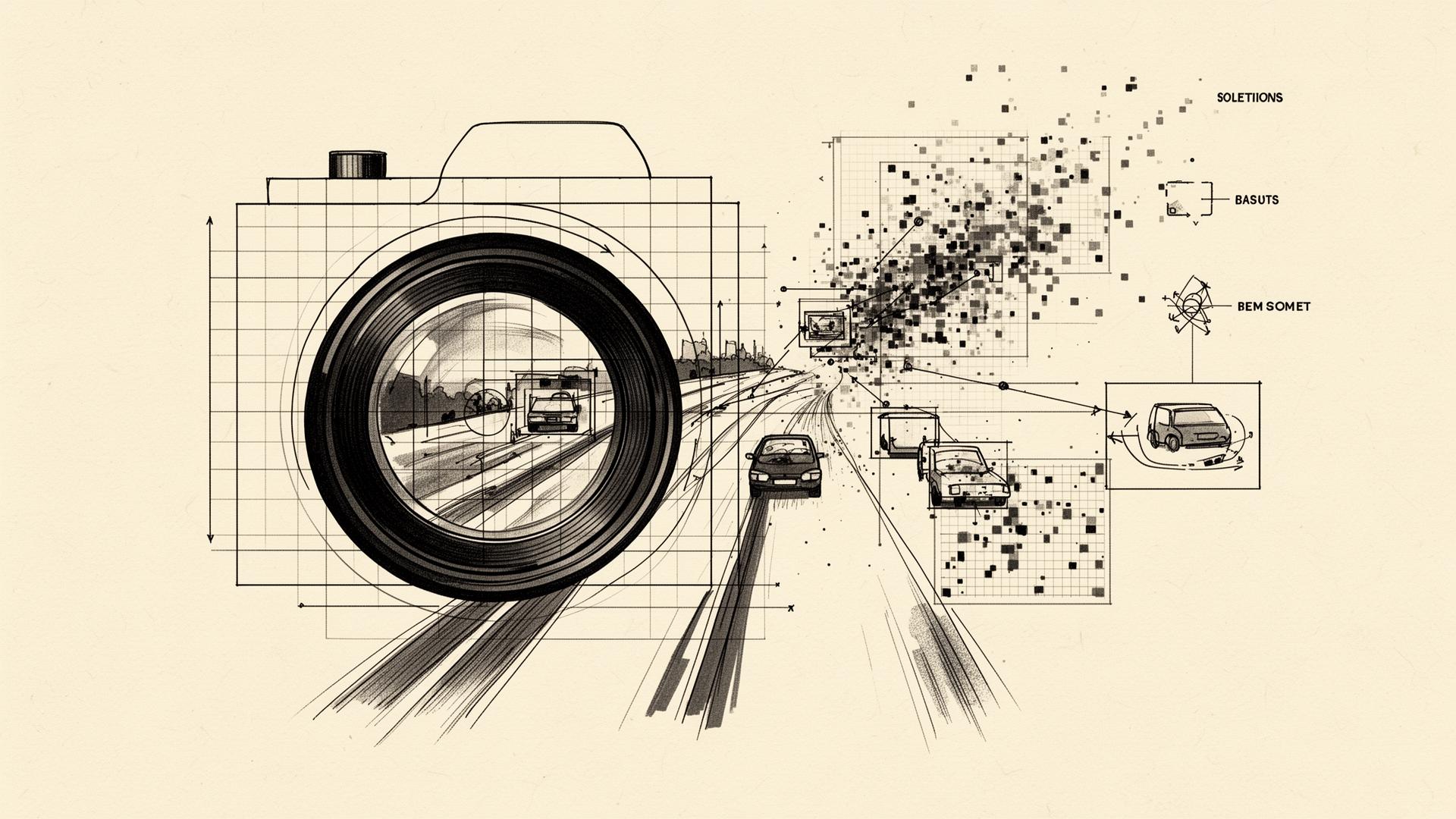 Camera lens over a roadway with bounding boxes around detected vehicles