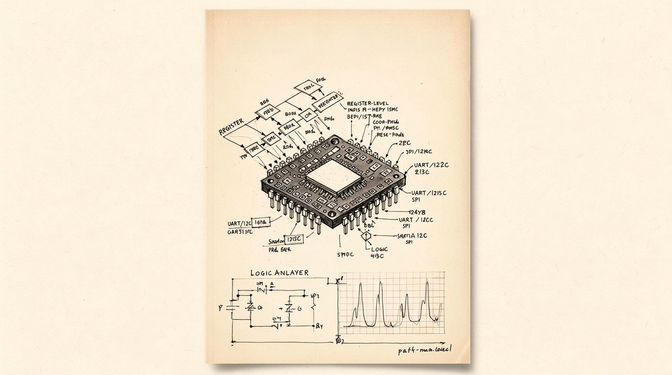 Exploded view of a microcontroller with annotated UART, I2C and SPI bus diagrams