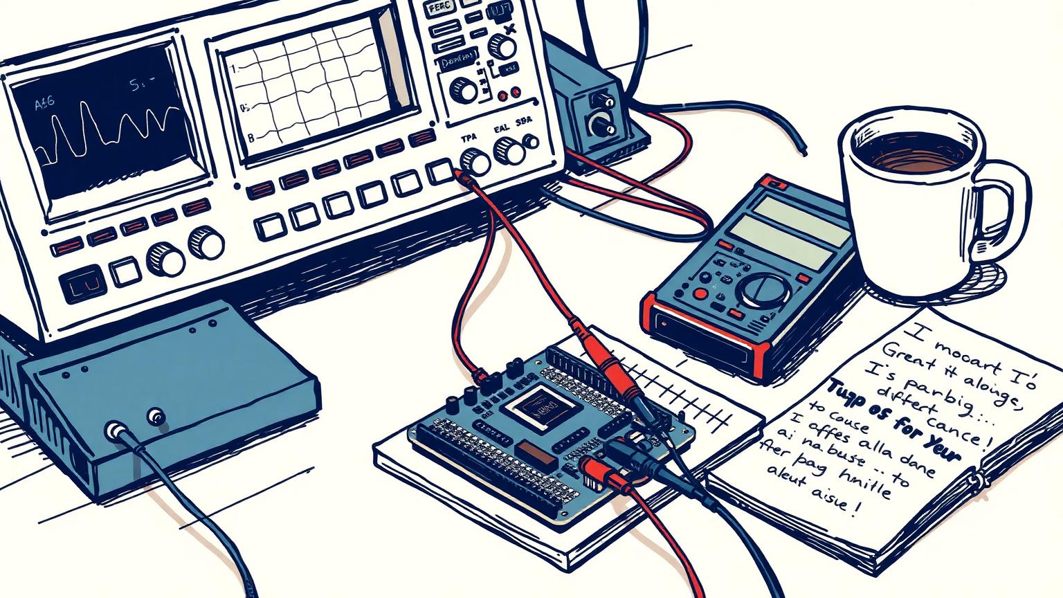 Internship workstation with a logic analyzer, multimeter, microcontroller board and a notebook of handwritten debug notes
