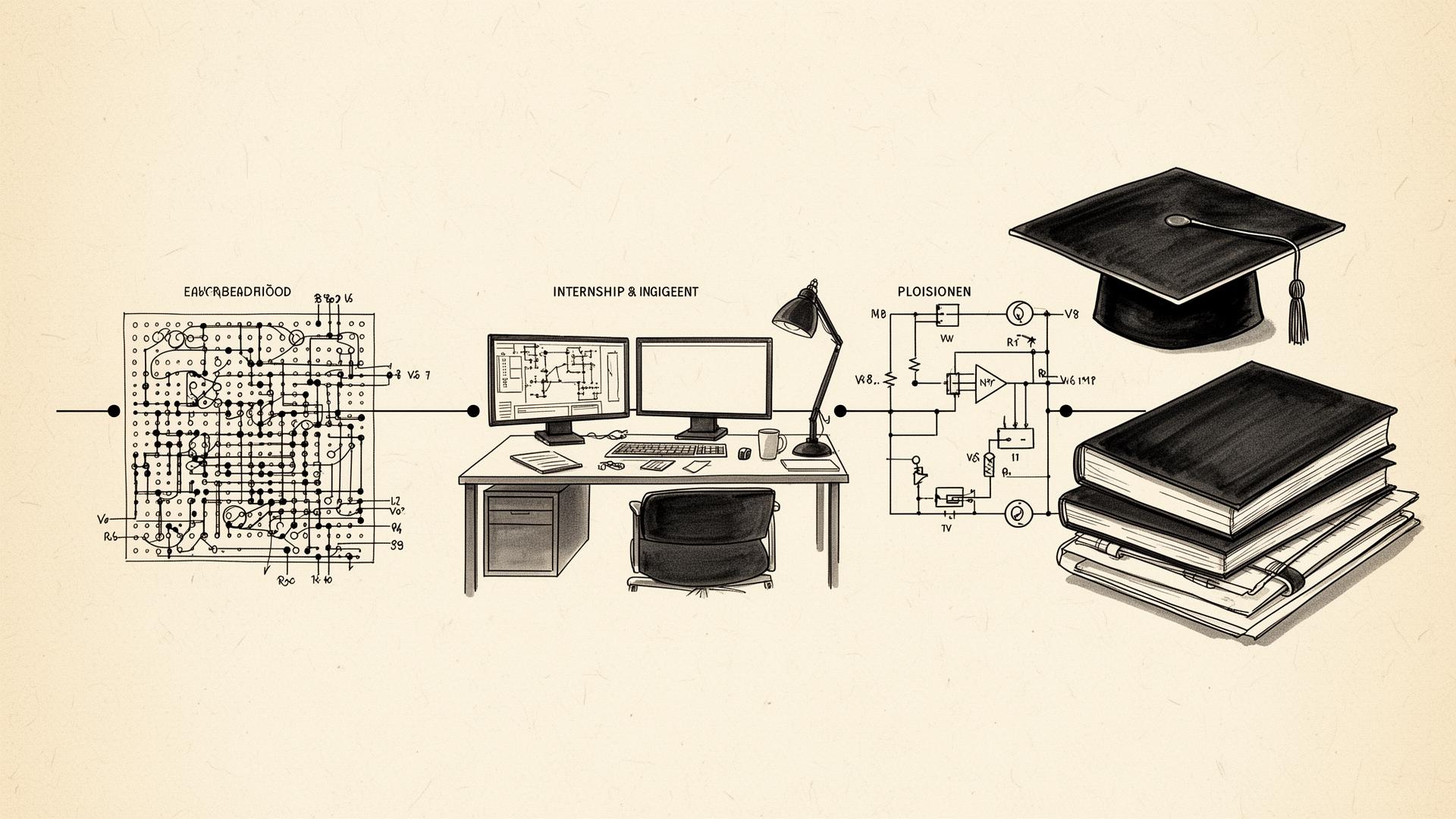 Timeline illustration from early breadboard sketches through an internship workstation to a polished schematic and graduation cap