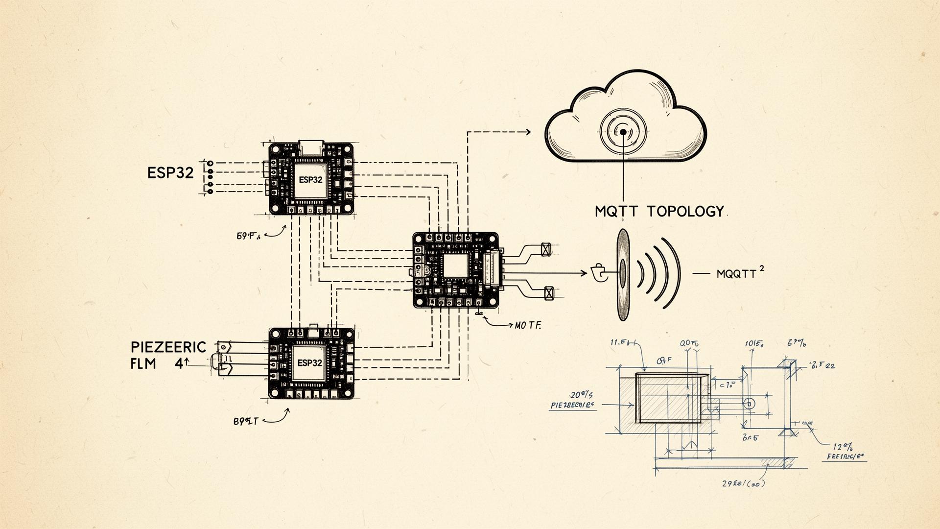 Hand-drawn topology of ESP32 nodes publishing telemetry to an MQTT cloud broker