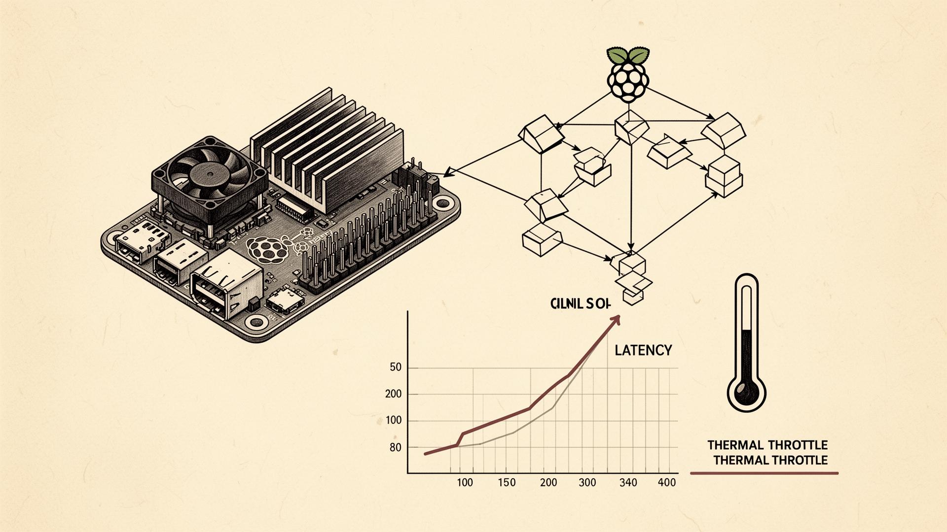 Raspberry Pi with heatsink and fan beside a quantized neural network diagram and a latency curve