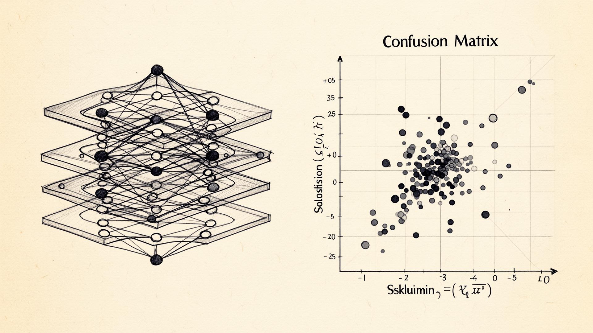 Sketched neural network layers paired with a confusion matrix on cream paper