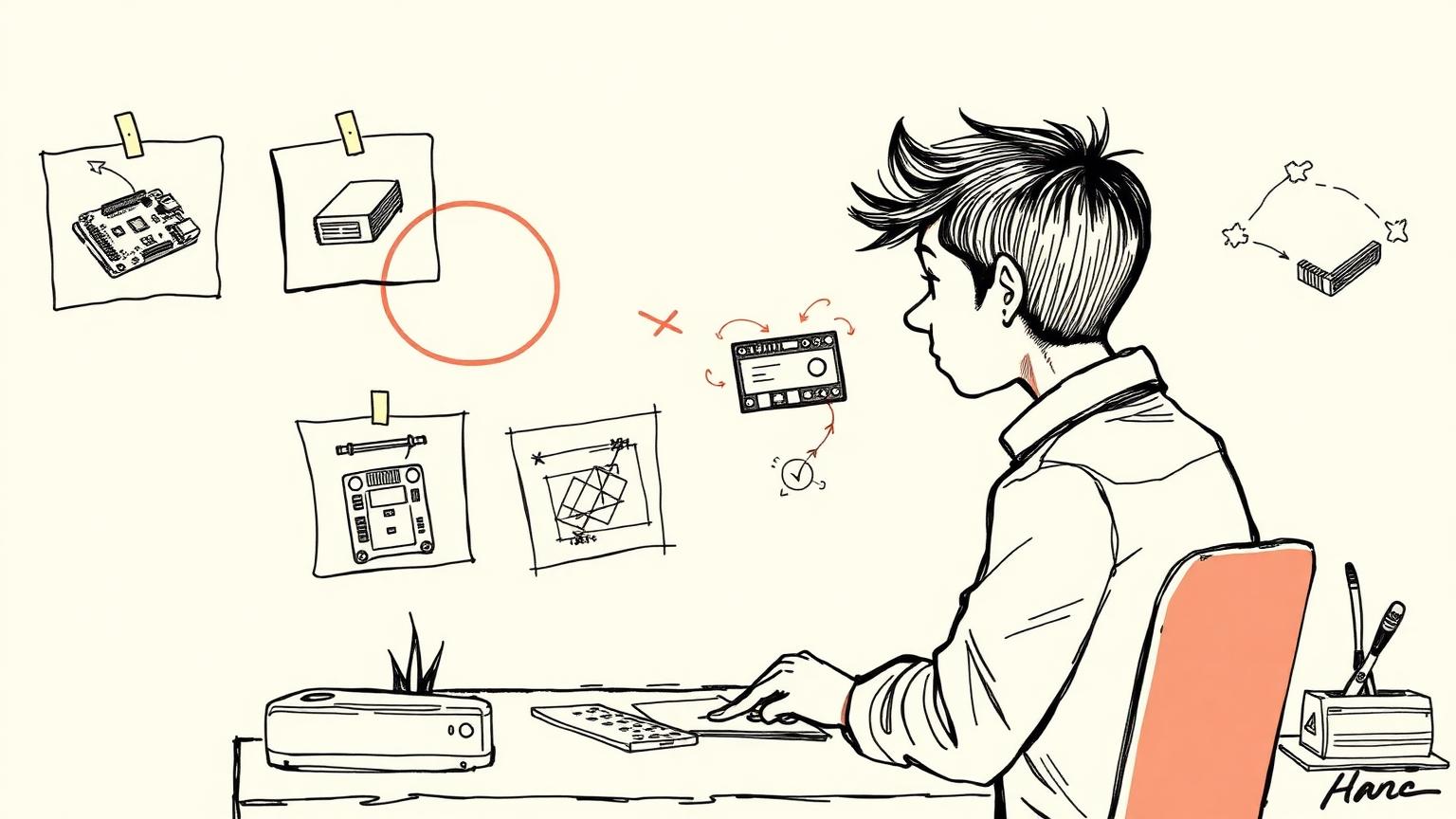 Engineer at a desk choosing between several sketched project ideas pinned on a wall, one circled in red