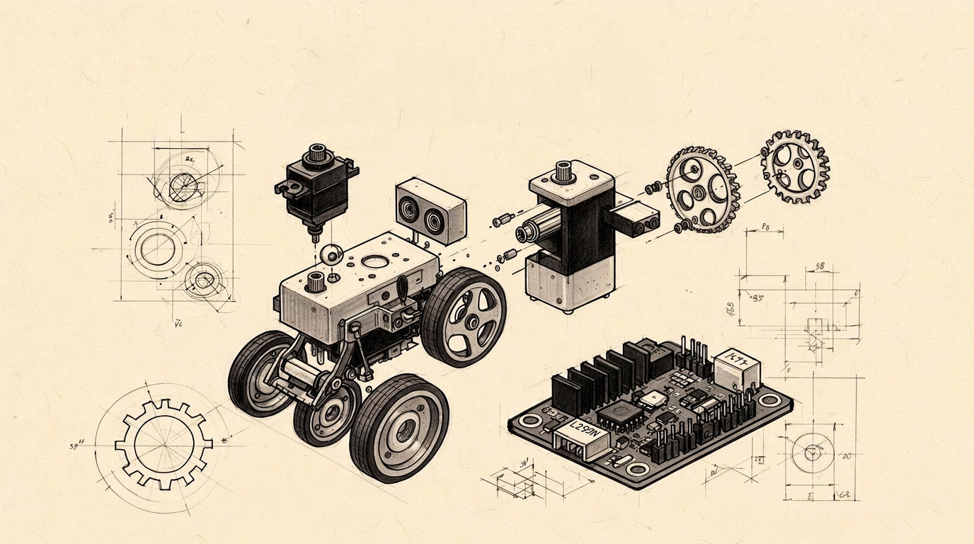 Exploded view of a small wheeled robot with servos, sensors and an L298N motor driver