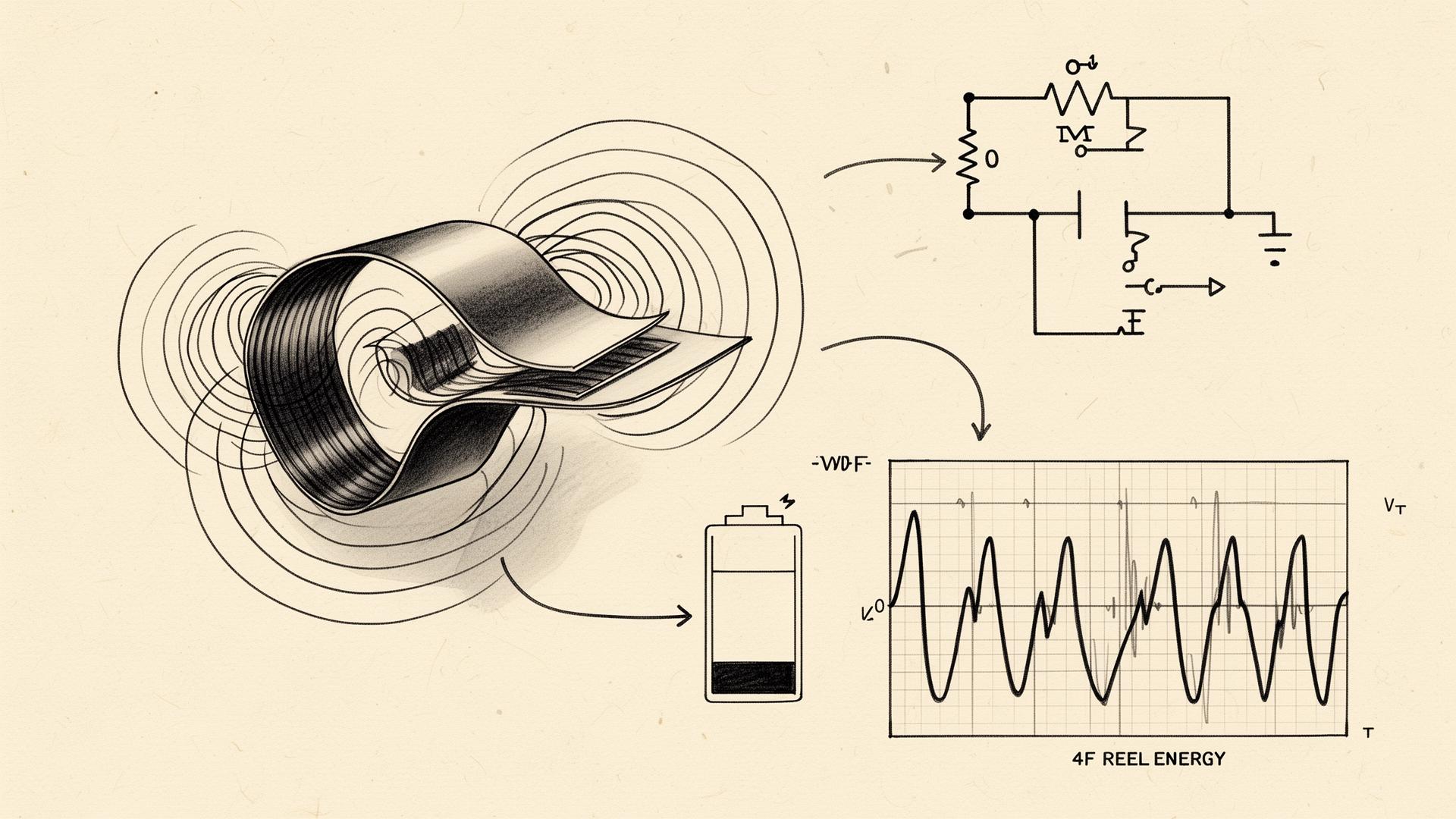 Stylised cross-section of a PVDF piezoelectric harvester feeding a rectifier and a small IoT sensor node